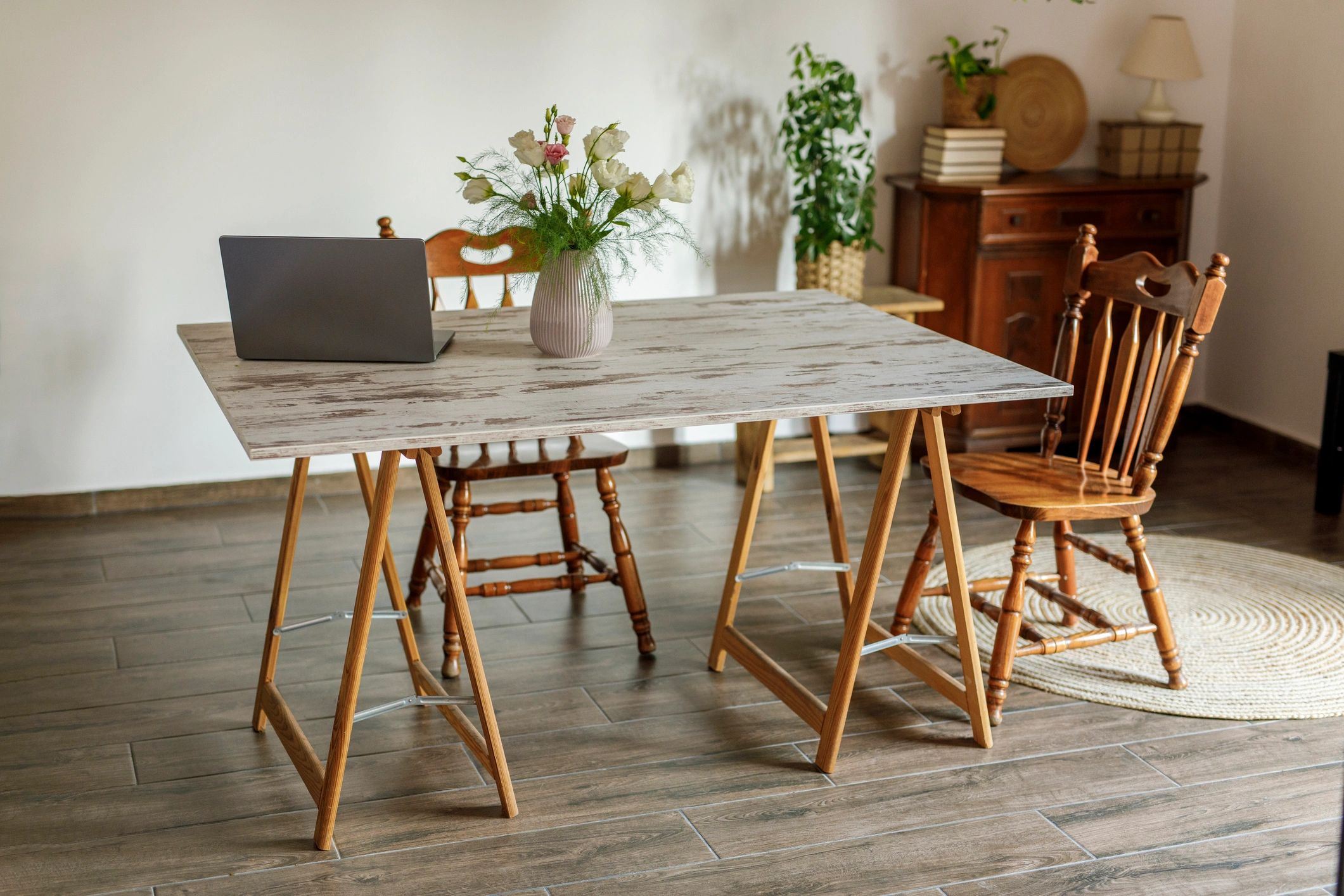 Rustic furniture styling with natural wood tones